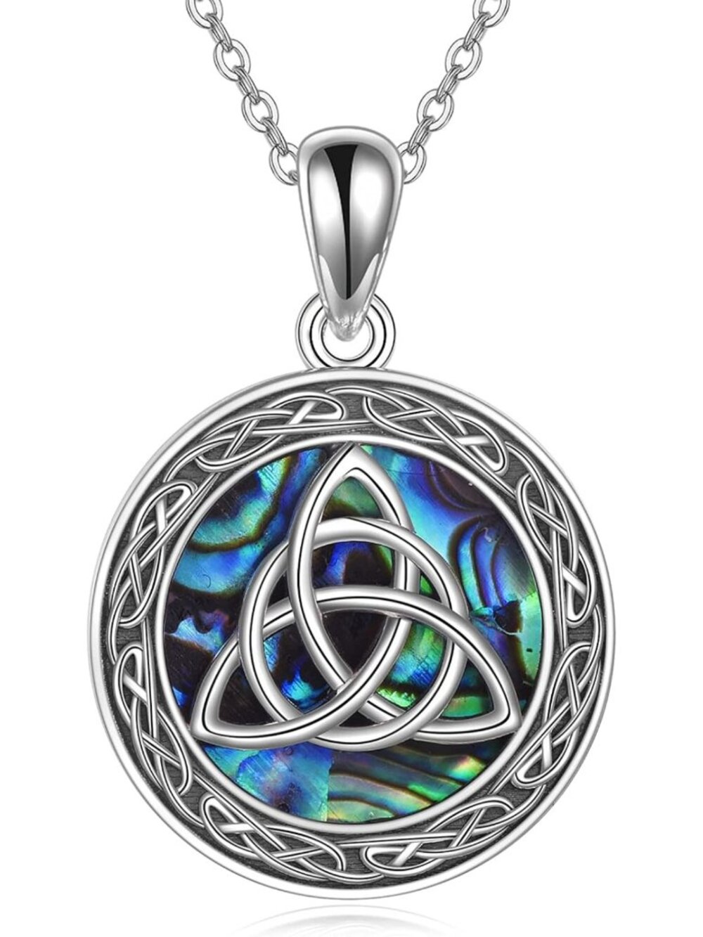 Celtic Trinity Knot Necklace - Sterling Silver Abalone Shell Pendant, Good Luck